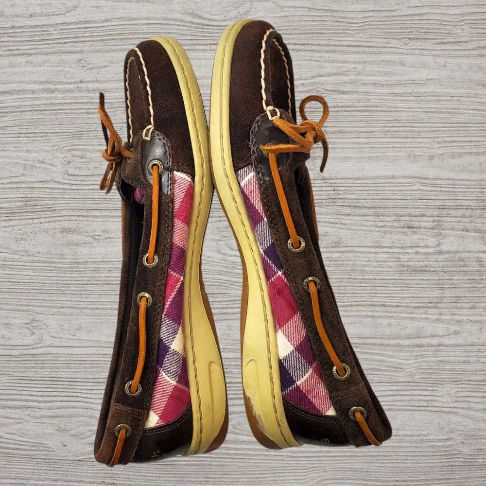 Sperry Top-Sider Womens 8.5M Brown Suede Pink Plaid Boat Shoes Loafers